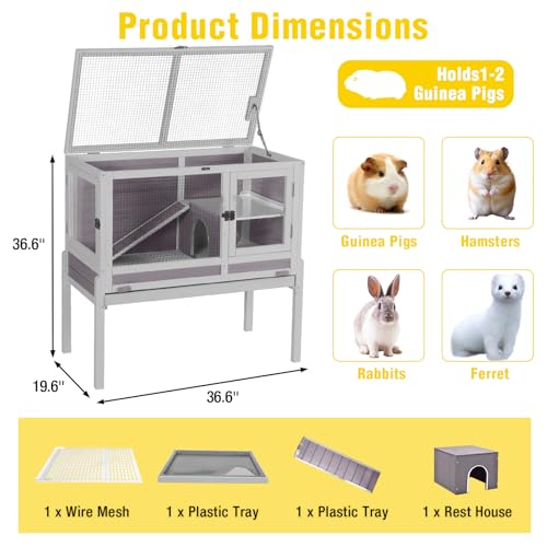 Aivituvin 2-Story Indoor Rabbit Hutch Guinea Pig Cage with Stand, Wooden Bunny Cage Small Animal Cages with Chew-Proof Ramp, Pull-Out Tray & Leakproof PVC Layer (Grey) - color: (Grey)