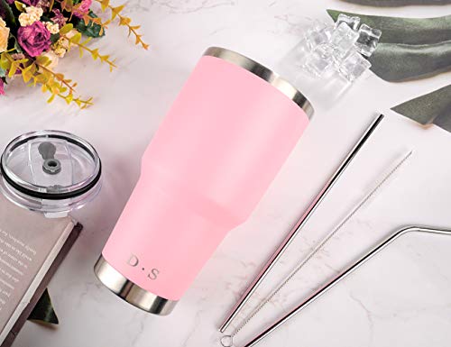 D·S 30 oz Pink Tumbler Double Wall Vacuum Insulated Travel Coffee Mug | Double Wall Vacuum Suit Cold and Hot Drink Fits in standard car cup holders With Splash-Proof Lid - color: Pink