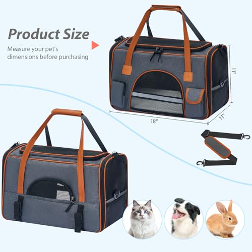 Pesen Soft Cat Carrier, 18 x 11 x 11 Inches, Holds Pets Up to 16 lbs | Anti-Collapse Pet Travel Carrier with Multiple Storage Pockets for Medium Cats, Puppies, Rabbits and Other Small Animals
