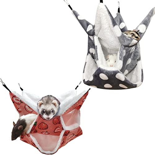 LEFTSTARER Triple-Layer Sugar Glider Hammock Small Pet Animal Cage Accessories Bed for Rat Guinea Pig Ferret Hamster Chinchilla Playing Sleeping (1pcs Grey &1pcs Strawberry) - color: 1pcs Grey &1pcs Strawberry