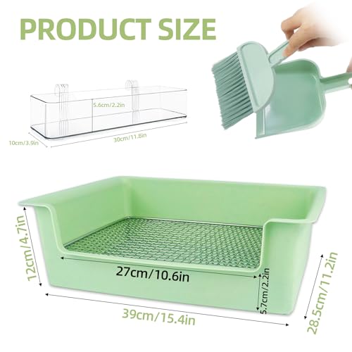 Rabbit Litter Box with Steel Grids, Low Entry Bunny Litter Pan with Hay Feeder & Broom, 15.4x11.2x4.7 inch for Rabbits Guinea Pigs Ferrets Small Animals (Green)