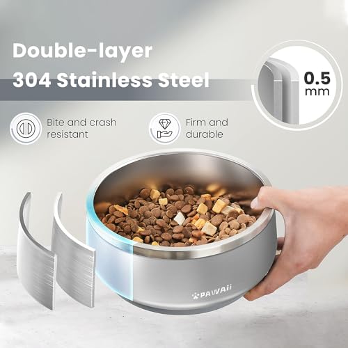 Pawaii Dog Bowl,34 oz Stainless Steel Food and Water Bowl,ID Tag,1 Pack | Double-Wall Design,Non-Slip Rubber Base,Dishwasher Safe,Smooth Open Design, Not a Slow Feeder,Easy-Rinse Interior - color: Silver Polish, size: 34oz