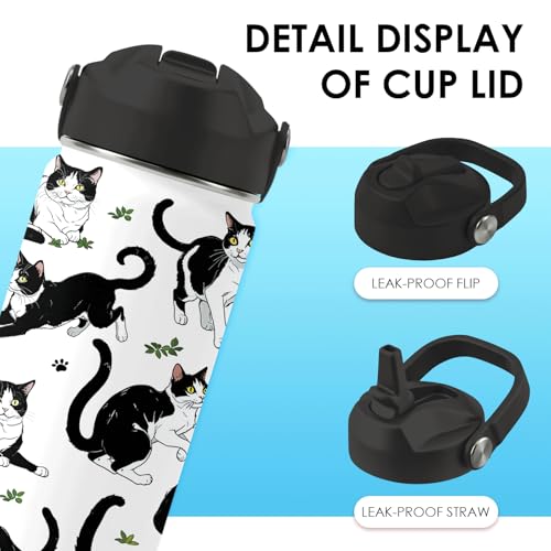 Girls Water Bottle, 16oz Black Cat Insulated Water Bottle with Straw (1pc) | BPA-Free, Leak Proof, Stainless Steel, with Handle, Kids Water Bottle for School, Boys, Travel, Cats Lovers Gifts Cup - color: Cow Cat, size: 16 Ounces