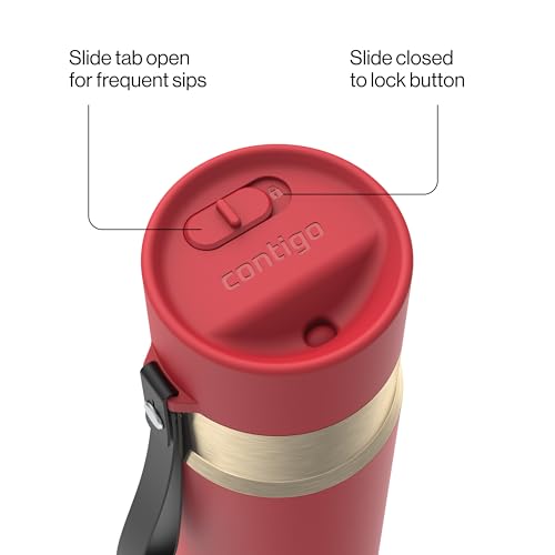 Contigo AutoSeal 24 oz Stainless Steel Vacuum-Insulated Water Bottle with Leakproof Push-Button Spout & Lock, Carry Strap, BPA-Free & Lead-Free, Dishwasher Safe - color: Goji Berry Champagne, size: 24 Ounces