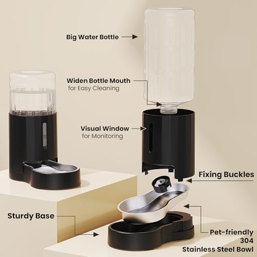 CZPET Dog Water Bowl Dispenser 8L, Wider Mouth Gravity Refilling (Black) | With Stainless Steel Bowl Gravity Waterer, Large Capacity and Drinking Area Noise-Free for Pets - color: Black