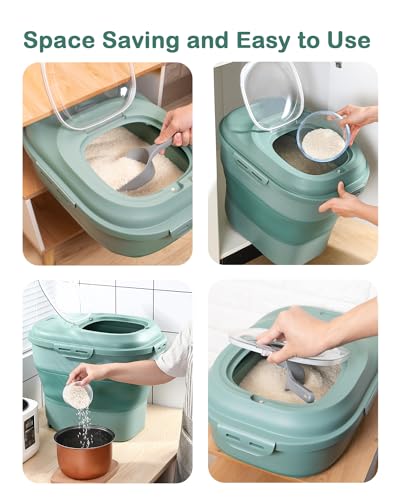 20-50 Lbs Food Storage Containers,Collapsible Rice Container with Wheel Airtight Locking Lid,Flour Storage Container with Small Food Jar and Scoop,Suitable for Food,Rice,Pet Food,Flour - color: Green/20-50LBS