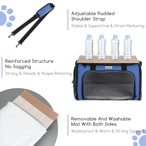 Pet Carrier for Cats & Small Dogs, Travel Carrier with Anti-Collapse Support, Chew Resistant Buckles, Luggage Sleeve, Multi-Pocket Storage, Reversible Mat & Bowl (Blue, Medium (17.5"x11"x11.5")) - color: Blue