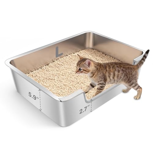 Low Entry Litter Box for Senior or Disabled & Injured Cats, Stainless Steel High Sided Enclosed Easy Step in Entry-Metal Kitty Litter Box for Kittens, Odor Control (19.7”x13.8”x5.9”) - size: L-19.7"x13.7"x5.9"