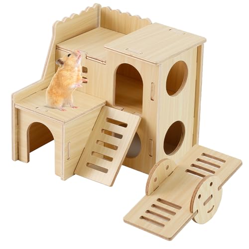 Wooden Hamster Hideout Cage Accessories, Guinea Pig House and Seesaw | Double-Decker Hide Hut with Slide, Hamster Chew Toys for Pet Rats, Hamster Platform for Dwarf Gerbils, Two-Story