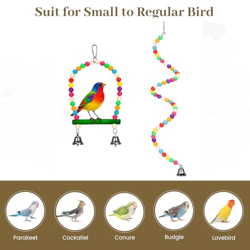 2PCs Swing Parrot Toy Spiral Perch Bird Cage Toy Colorful Wood and Glow Beads with Metal Bell for Small to Regular Parrot Parakeets,Macaw,Conure, Cockatiel, Finchess