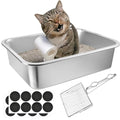 Stainless Steel Cat Litter Box, 16 x 12 x 4 Large Litter Box, Non Stick Kitty Litter Pan with Metal Litter Scoop and Anti Slip Stickers for Kitten, Guinea Pig and Rabbit