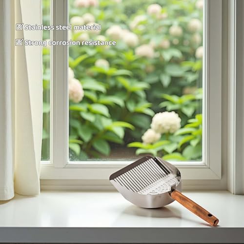 Premium Stainless Steel Cat Litter Scoop-Triple Guard Walls&Non-Stick Design,Silver,Flat Shovel Head Design Solid Deep Edge Wood Handle,Dual Hooks 1Pack,6.1x5.3inch (Silver long strip) (Silver) - color: Silver