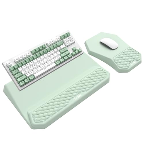 3-in-1 Ergonomic Keyboard Stand with Wrist Rest & Mouse Pad Set,Light Green | Comfy Keyboard Riser Holder Soft Mousepad with Massage Design, Memory Foam and Non-Slip PU Base for Pain Relief - color: Light Green