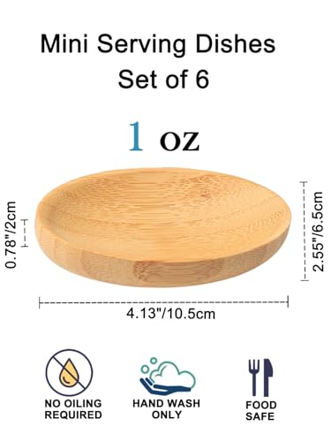 Mini Serving Dishes, Bamboo Small Appetizer Plates for Desserts/Charcuterie/Snacks, Dipping Sauce Bowls Set for Condiments/Spice/Tomato Sauce, Mini Sushi Plates, 1 oz 6 Pcs
