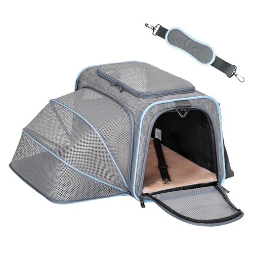 Petsfit Medium Expandable Cat Carrier for Air Travel, Up to 13 lb | 17 x 11 x 11 in; sized for Delta Airlines, with locking zippers, a handy D-ring, large pocket and multi-side ventilation. - color: Light Gray, size: 17.0"L x 11.0"W x 11.0"H