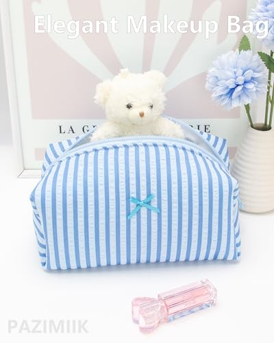 PAZIMIIK Cozy Makeup Bag for Women,Zipper Cosmetic Pouch,Stripe Lake Blue | Soft Cosmetic Organizer for Makeup,Skincare,Toiletries,Daily Beauty Essentials,Purse,On-the-Go,Bridesmaid Gifts - color: Stripe Lake Blue