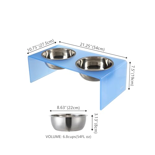 DBL2001C Keaton 7.5" Medium/Large Modern Acrylic Rectangular Elevated Pet Feeder with 54oz 2-Stainless Steel Bowls, Blue/Chrome - color: Blue/Chrome, size: 54 Ounces (7.5" Cups 2-Pack)