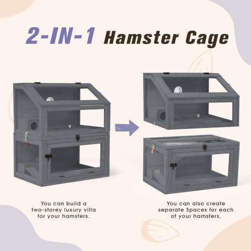 COZIWOW 2-Tier Hamster Cage, Large Rat Cage and Habitat with Ramps, Openable Top, Detachable Small Animal Cage for Hedgehogs, Gerbil, Mouse, Wooden Frame with Acrylic Panel, Gray - color: Gray