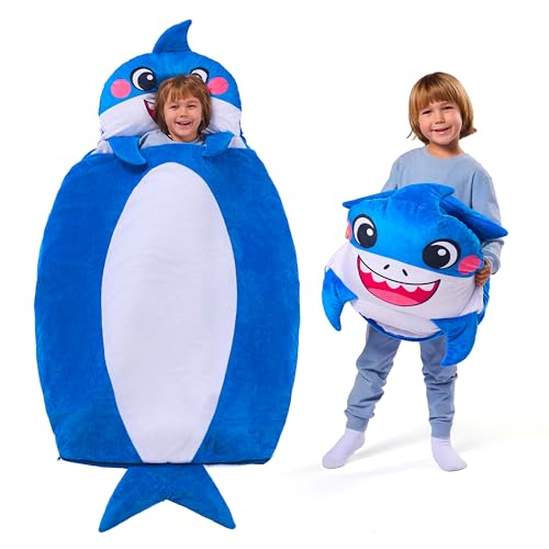 JOIEDOMI Kids Sleeping Bag 4 5 6 Year Old Girl Gifts Toddler Nap Mat with Pillow & Blanket 60" x 39" for Kids Ages 3+ Soft Plush Sleeping Mat for Preschool and Boys Girls - color: Blue Shark
