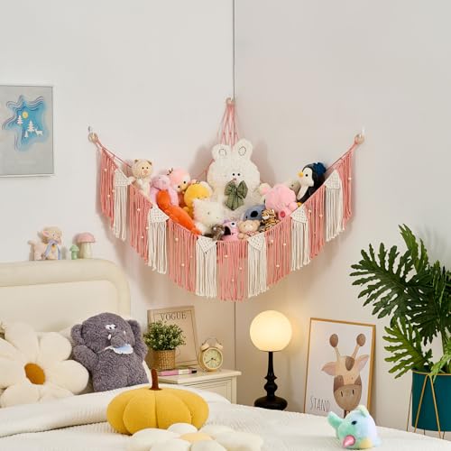 Stuffed Animal Hammock with Weaving Tassels and Beads Leather Pink - color: Leather Pink
