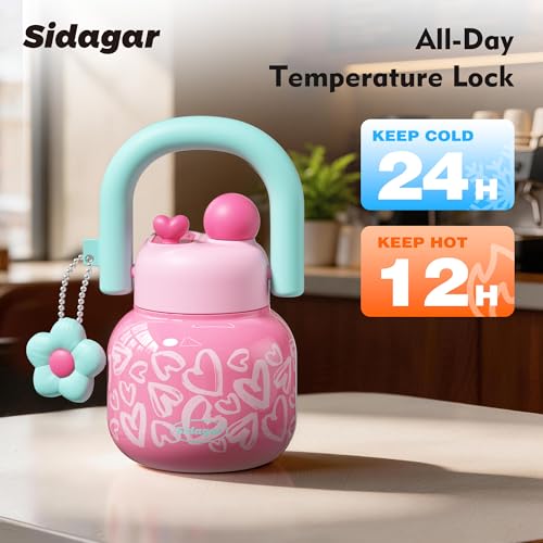 22 oz Tote Insulated Water Bottle with Handle, Leakproof, Heart | Cute design with durable 316L stainless steel, dual sip, keeps drinks hot or cold longer, travel and everyday hydration - color: Heart