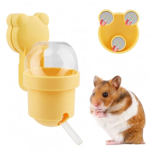 Magnetic Hamster Water Bottle, 3.7 oz Glass Small Pet Water Dispenser with Quiet Vacuum Nozzle, Drop-Resistant Holder for Cage or Glass Tank, for Hamsters, Gerbils and Mice(Yellow)