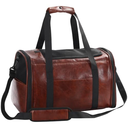 Fashion Dog Carrier Pet Carrier Airline Approved Cat Carrier for Small Dogs Cats Under 15 Lbs, Vegan Leather Collapsible Soft Sided Travel Puppy Carrier - color: Coffee
