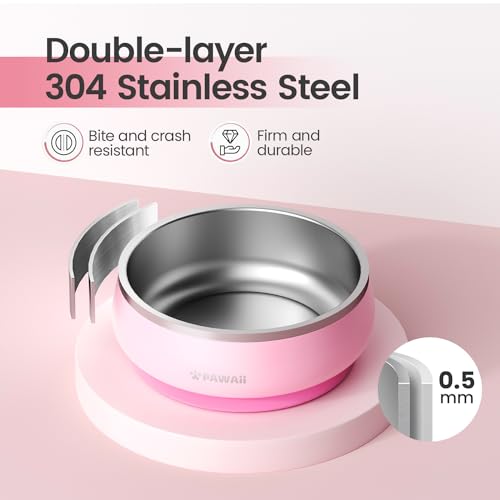 Pawaii Dog Bowl,34 oz Stainless Steel Food and Water Bowl,ID Tag,1 Pack | Double-Wall Design,Non-Slip Rubber Base,Dishwasher Safe,Smooth Open Design, Not a Slow Feeder,Easy-Rinse Interior - color: Sakura Pink, size: 34oz