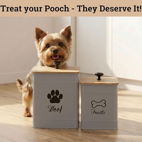 Dog Treat Container Set of 2 with Airtight Bamboo Lids - 8x6 & 7x5 inch | Fits All Popular Treats, Up to 20 Cups Combined Capacity, Airtight Bamboo Lid, Easy Open Lid, Dent-Resistant Durable Metal - color: Gray - Large