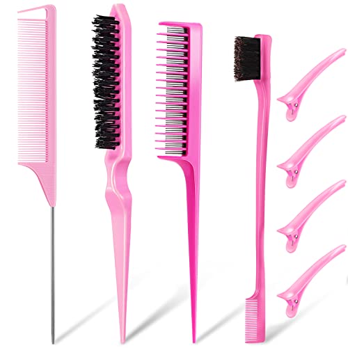 8 Pcs Slick Back Hair Brush Teasing Edge Bristle Brush Parting Rat Tail Comb Hairclips Styling Hair Accessories Set for Women Slicking Ponytail Control and Smoothing Flyaways(Pink) - color: Pink