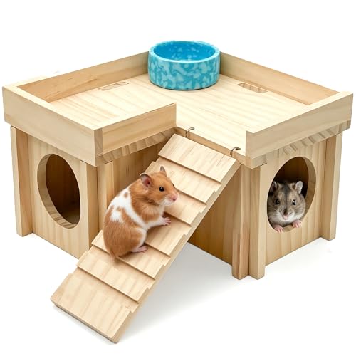 Wooden Hamster Hideout,Dwarf Hamster Hide House with Platform & Bowl & Ladder,Small Hamsters Maze Hut Hides Habitats Decor Cage Accessories for Gerbils,Mice,Mouse