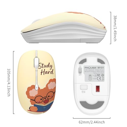 FMOUSE Cute Cartoon Silent Wireless Mouse, Dual Mode Bluetooth & USB 2.4G | Study Buddy Bear, Ideal for Students Kids Back to School | AA Battery Powered | Compatible with Laptop Mac iPad Tablet PC - color: Study Buddy Bear