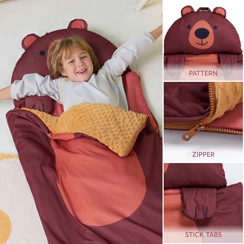 JOIEDOMI Kids Sleeping Bag 4 5 6 Year Old Girl Gifts Toddler Nap Mat with Pillow & Blanket 60" x 27" for Kids Ages 3+ Soft Plush Sleeping Mat for Preschool and Boys Girls - color: Brown Bear