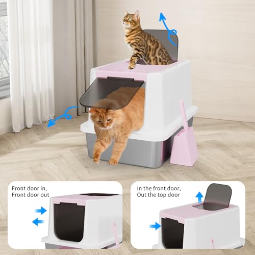 RIZZARI Stainless Enclosed Litter Box: with Scoop & Odor Control | 304 Stainless Basin / Wide Top Opening / Privacy Enclosure / Top & Swing Dual Entry / Anti-Leakage Raised Rim - color: Pink, size: 23.8"L*15.9"W*16.1"H