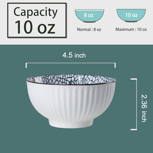 10 oz Small Ceramic Bowls Set of 6, 4.5 Inch Japanese Blue and White Bowls for Ice Cream, Rice, Dessert, Snack, Dipping, Microwave and Dishwasher Safe - Leaf Pattern - size: Leaf Pattern