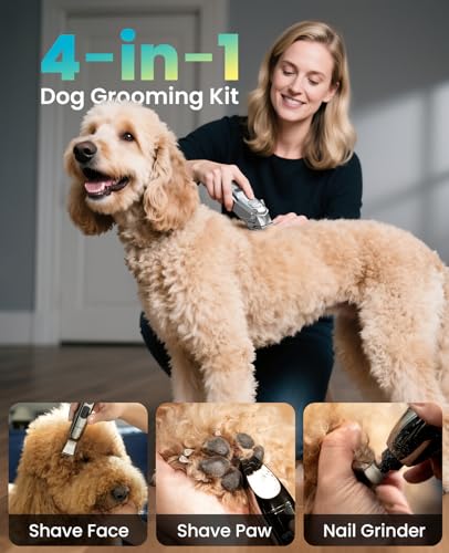 oneisall Dog Clippers for Grooming Thick/Matted Hair, 4-in-1 Grooming Kit | Detachable Stainless Steel Blade, Powerful Motor, IPX6 Waterproof, Low Noise, Paw Trimmer and Nail Grinder, 9 Guide Combs