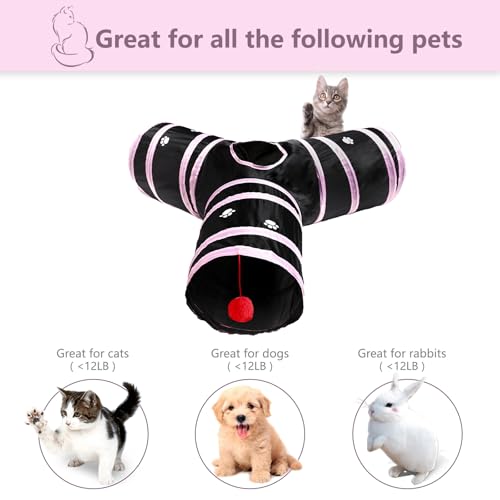 3 Way Cat Tunnel Collapsible Fun Pet Play Tube Toys for Cats, Kittens, Puppies & Rabbits - Portable Tunnel with Hanging Ball for Indoor Play, Hideout & Exercise - color: Pink Black