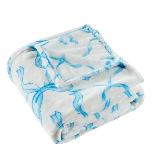 Blue Bow Twin Blanket – 60x80 Inch Soft Fleece Blanket for Girls and Women, Coquette Aesthetic Room Decor for Bed, Couch, Chair, Preppy Bedroom or Gift, Cute Pink Bow Decor Blanket - color: Bow Blue, size: Twin(60"x80")