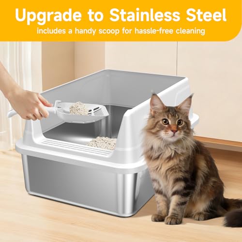 Stainless Steel Cat Litter Box with Scoop,M Metal Pan for Kittens | Metal Litter Box with High Sides & Lid, Open Top Low Entry , Non-Stick Easy Clean ，Kitty Cat Box for Indoor Cats, High Wall