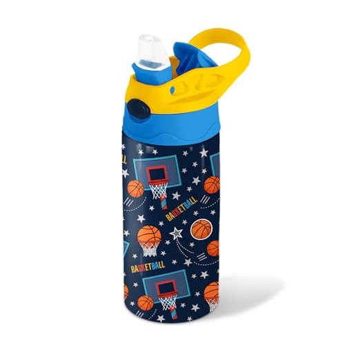 Basketball 12 oz Water Bottle with Straw – Kids Stainless Steel Vacuum Insulated Cup, Leakproof Pop-Up Spout, Reusable Travel Mug for Boys and Girls Outdoor Sports - color: Basketball1