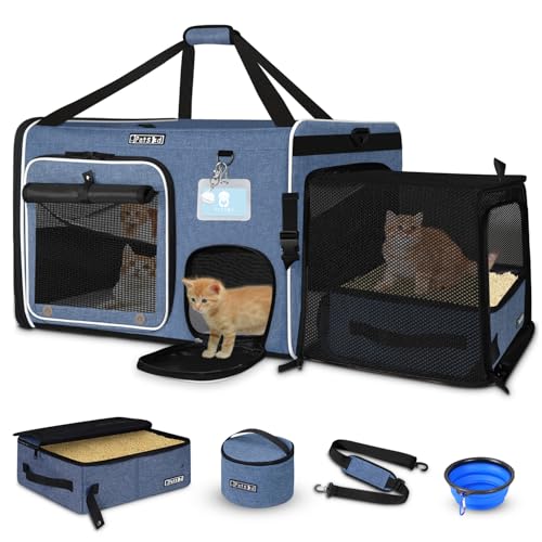 Side Expandable Extra Large Cat Carrier with Litter Box, Blue | 24"L x 17"W x 17"H, Privacy Curtain and Lockable Safety Zippers, for Long Distance Car Travel, Cats Under 55 lbs - color: blue