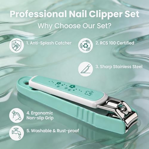 PAFASON Ultra Sharp Nail Clipper Set, Fingernail and Toenail Trimmer Cutter, Stainless Steel, Curved Blade, Sturdy, Nail Catcher, Nail Files for Men and Women - color: Green