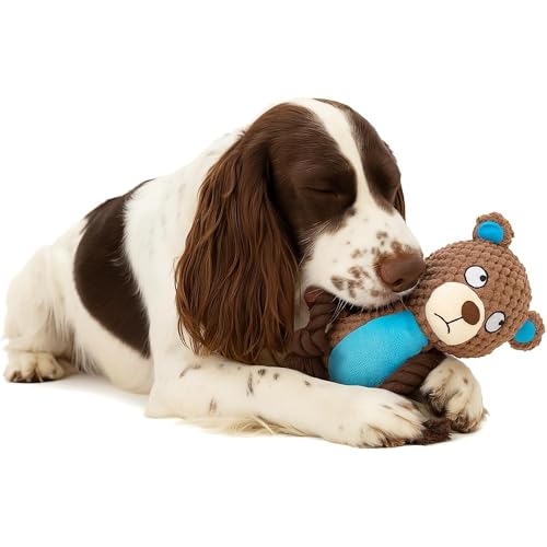 Plush Bear Dog Toy, Squeaky Tug Toy with Rope Arms for Small Medium Dogs | soft plush bear toy with rope arms and squeaker, designed for tugging, chewing and interactive indoor play - color: Brown
