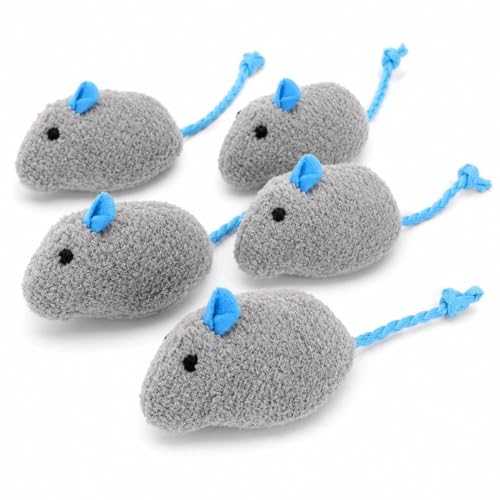 LUOZZY 5pcs Plush Mouse Cat Toys Gray Mice with Blue Tails for Kittens | Soft Mouse Shapes with Blue Tails Encourage Pouncing and Batting, Five-Piece Set for Indoor Cats, Kittens, and Play Areas