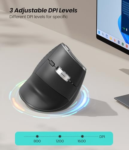 Nulea M510 Vertical Mouse Wireless, Ergonomic Mouse for Comfy Tracking, 3 Adjustable DPI (800-1200-1600), 2.4G Wireless Vertical Mouse with 6 Buttons, Compatible with Windows, Mac OS, Laptop, PC, Grey - color: Grey