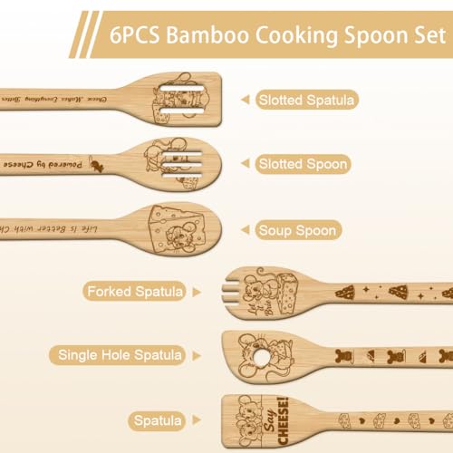 GLOBLELAND 6 Pcs Cartoon Mice Wooden Spoons Utensil Set Cheese Bamboo Carving Kitchen Cooking Utensils Cute Animals Wooden Engraved Cooking Spatula Set for Kitchen Fun House Warming Gift - color: Mice