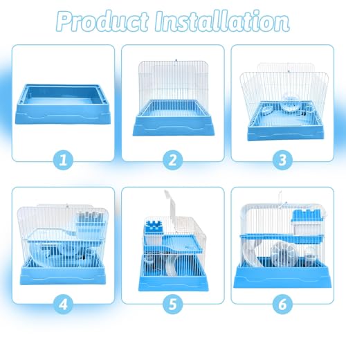PINVNBY 2-Tier Dwarf Hamster Cage, Travel Portable Guinea Pig Cages Rat Cage and Habitats Small Animal Carrier with Castle House Exercise Wheels, Water Bottle and Food Dish(Blue) - color: Blue, size: M: 11.7x8.7x9.8in