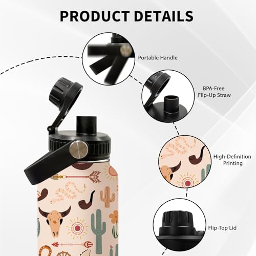 Cow 32oz Water Bottle, with Handle & Lid Bottle, Insulated Cup | 32oz Stainless Steel Tumbler, Leak-proof Reusable Mug, Christmas Birthday Gift for Western Cowgirl Lovers - color: Cow Girl