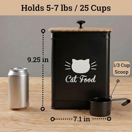 Cat Food Container with Scoop 5-7 lb (25 Cup), with Airtight Bamboo Lid | Cat Kibble Canister with Metal Scoop, 25 Cups, Chew Proof Iron Body, Powder Coated, Airtight Bamboo Lid, Sturdy Metal Handle - color: Black