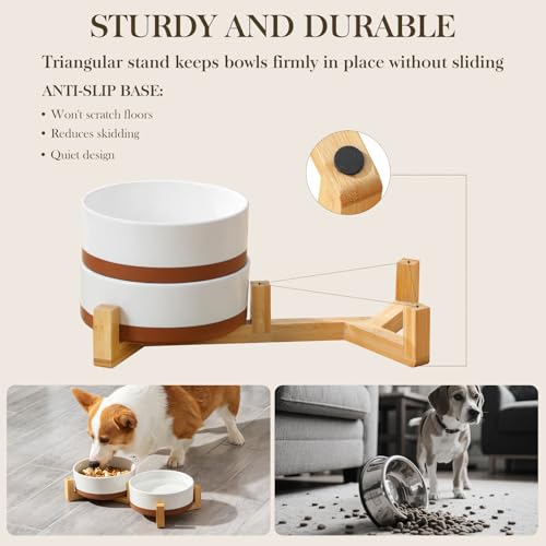 MALACASA Ceramic Dog Bowls Set with Wood Stand, 3.5 Cups Pet Bowls for Medium Dogs with Non-Slip Base, Large Puppies, Cats, Retrievers, ect.Pet Food & Water Basic Bowls Set, Weighted Glaze Matte.34 OZ - color: Vanilla White（2 PCS with Stand）, size: M-3.5